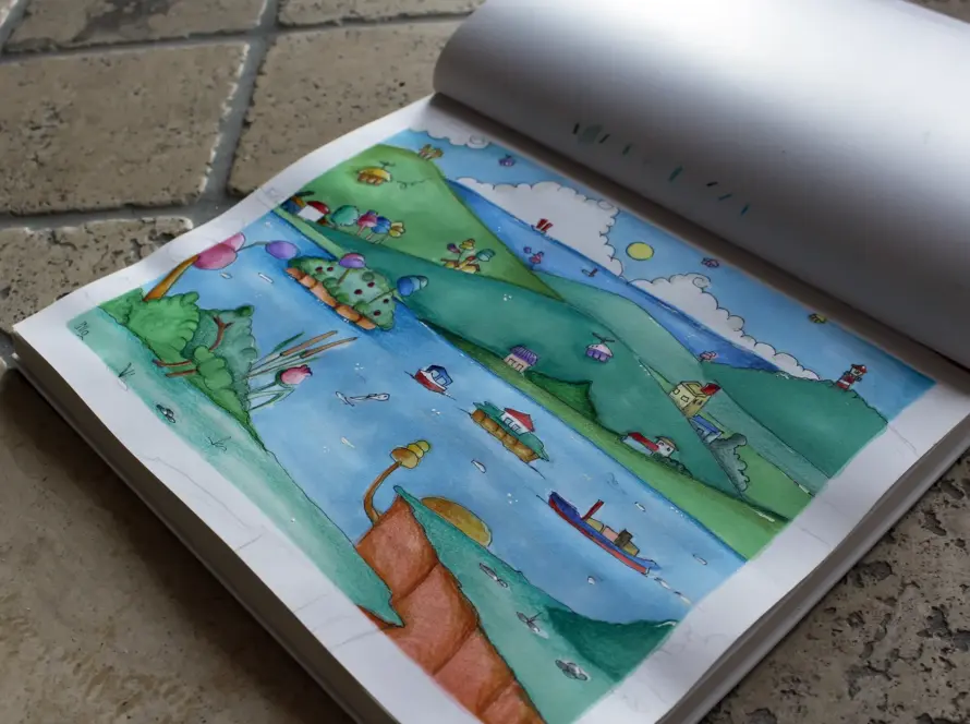 Paesaggio whimsical realizzato con pennarelli ad alcool Girben e pastelli colorati Castle Art